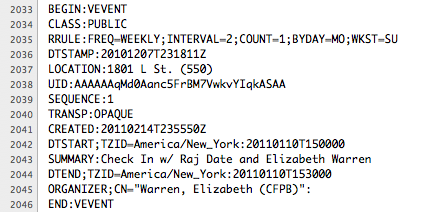 A sample of Professor Warren's calendar metadata.