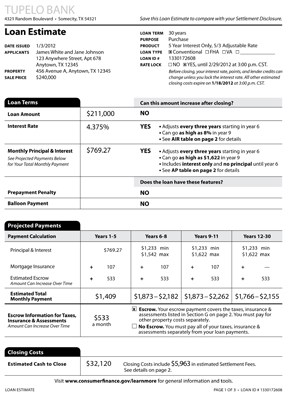 Tupelo Bank loan estimate; click the link below to view it full size Tupelo Bank settlement disclosure; click the link below to view it full size