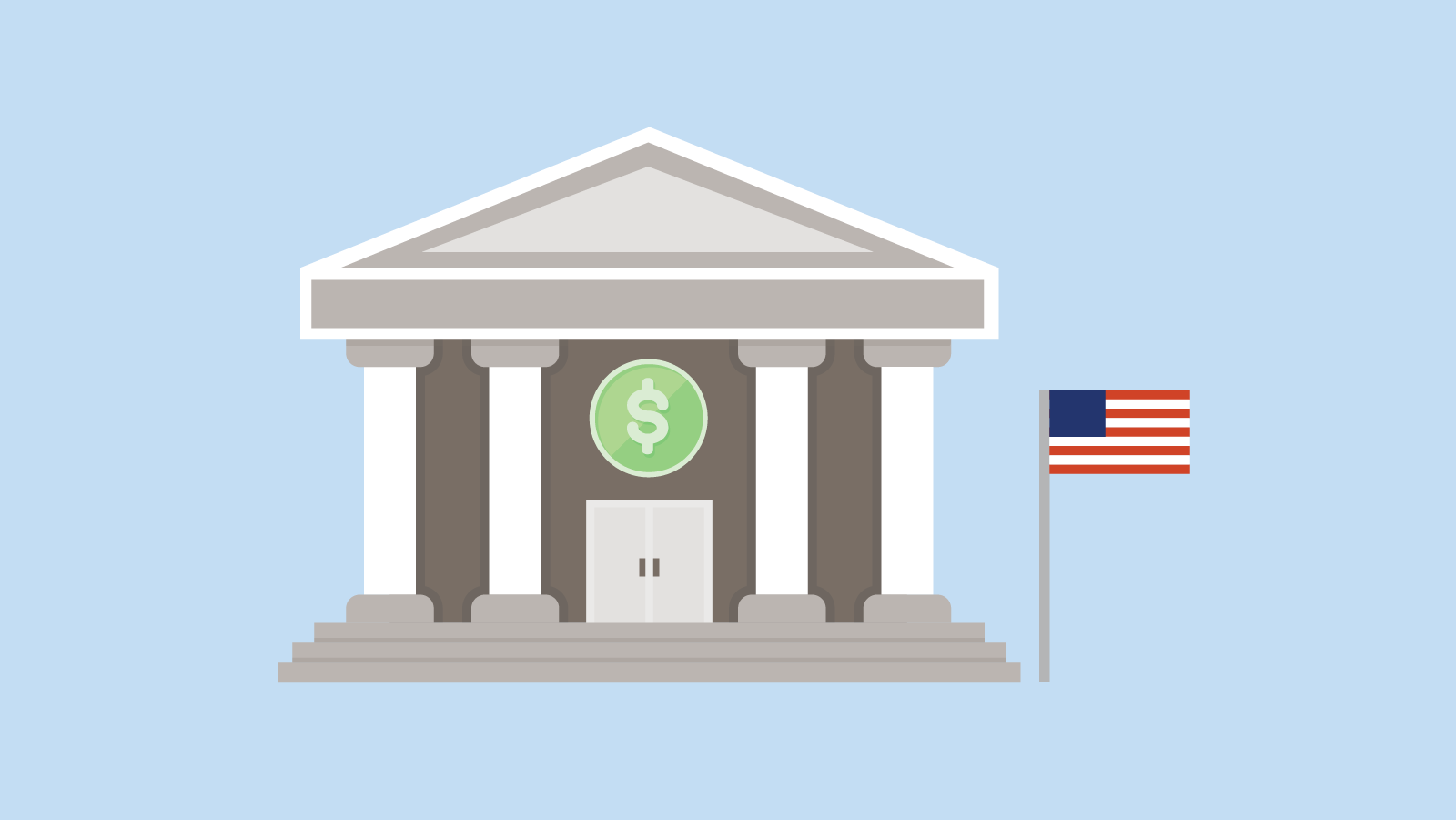 stately columned building with a dollar sign over the door and flag at full mast
