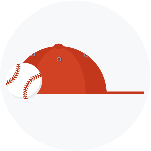 Illustration of a red baseball hat and baseball