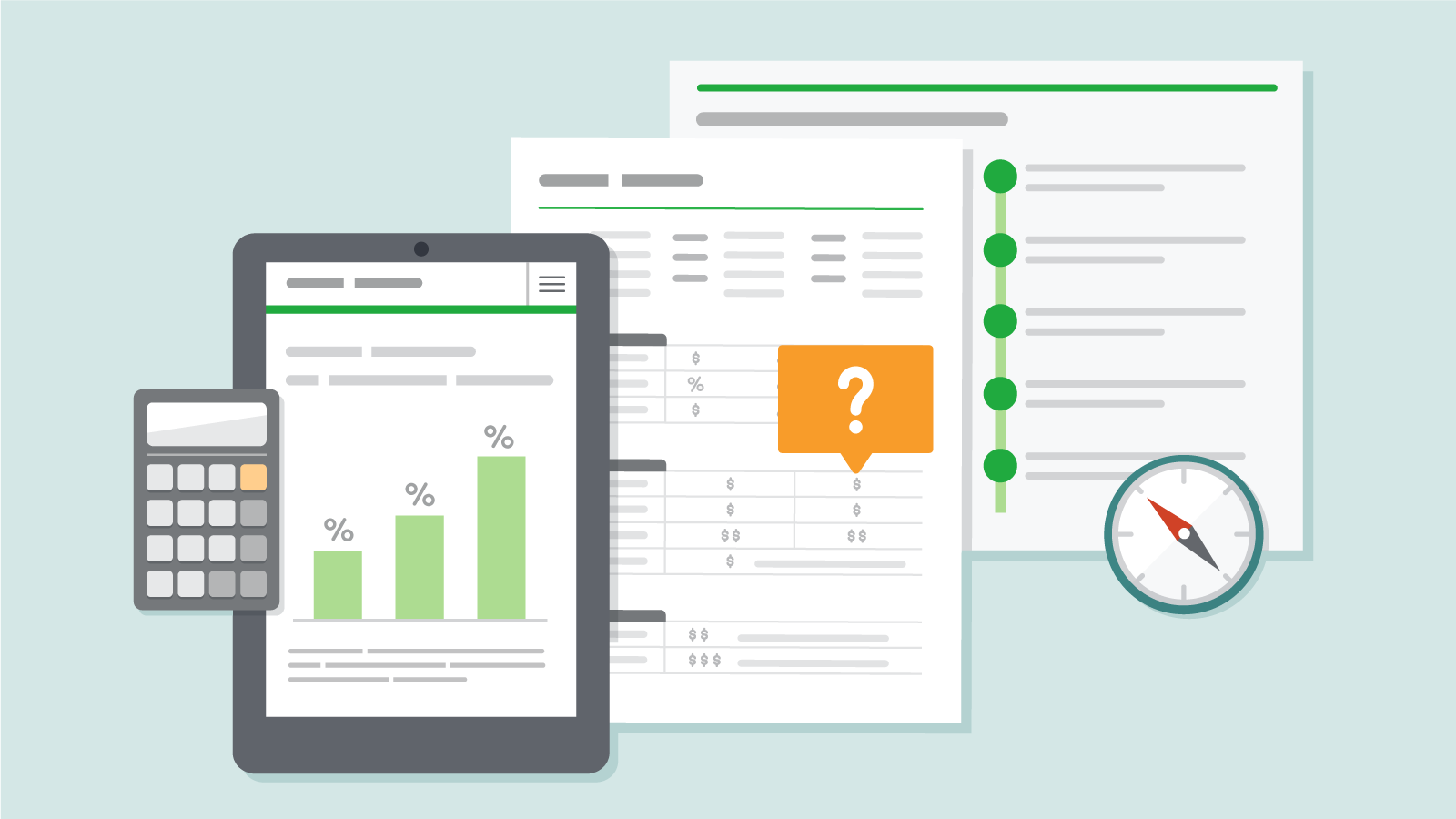 Illustration of calculator, iPad and paper tools to help your homebuying process