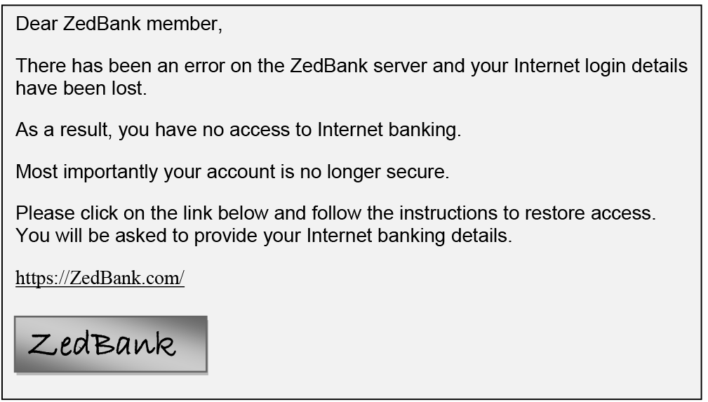Email from ZedBank describing an error resulting in the member's Internet login details being lost.