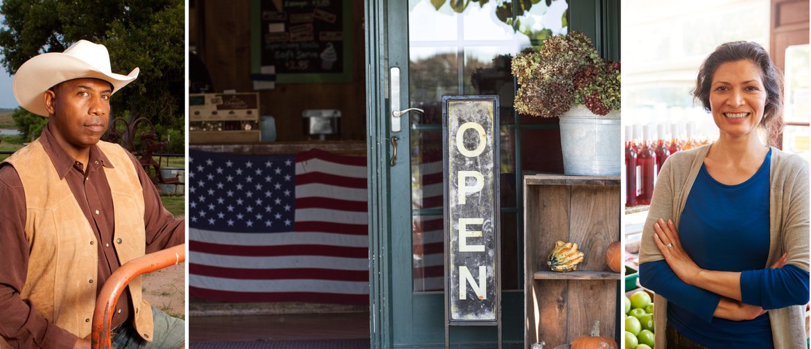 African American farmer, small business with American flag and open sign, woman business owner