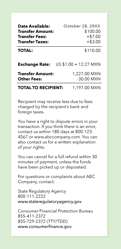 Screenshot of a remittance transfer receipt delivered after the transaction is complete. It shows the date the money is available, the transfer amount, transfer fees, transfer taxes, and total cost. Then it shows the exchange rate. Then it shows the transfer amount and other fees, and the total to recipient. Recipient may receive less due to fees charged by the recipient’s bank and foreign taxes. Then it shows the right to dispute errors, the right to cancel for a full refund, and phone numbers and web sites to contact with questions or complaints.