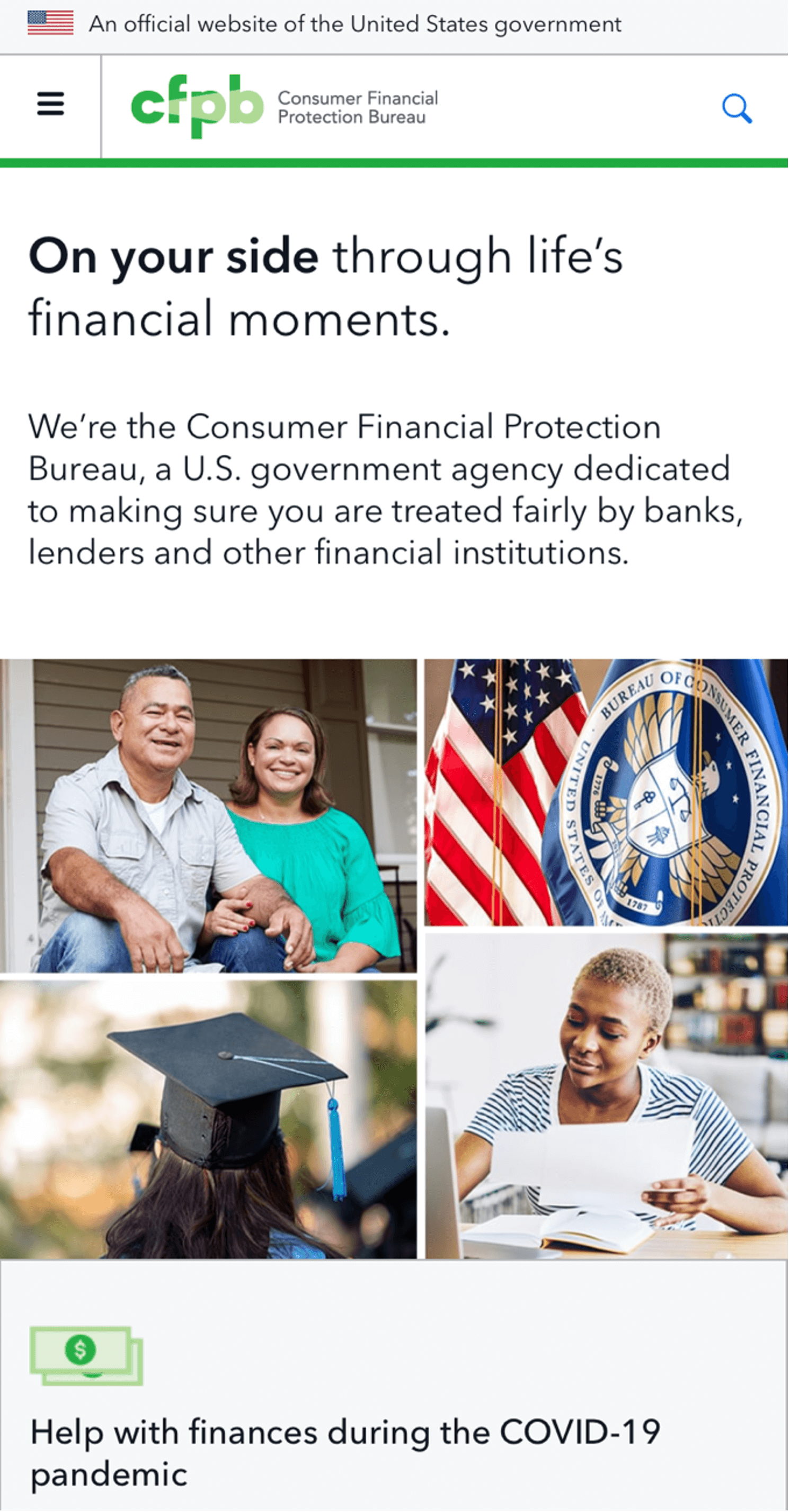 A screenshot of the CFPB homepage on a mobile device.
