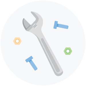 illustration of wrench, nails, and bolts