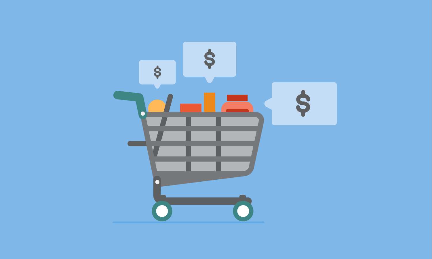 Grocery shopping cart surrounded by dollar signs in speech bubbles