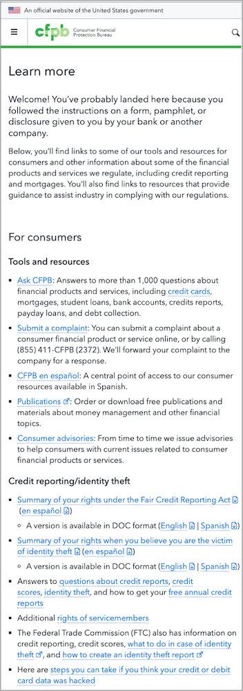 The previous version of consumerfinance.gov/learnmore showed a long, bulleted list of links and PDFs so visitors can find answers to their money questions and specific resources for credit reporting and identity theft.