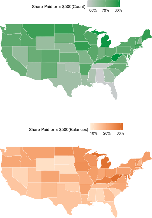 1: A map of the United States with each state shaded to reflect the share of medical collection tradelines in each state that are likely to be removed in 2022 and 2023.  Shares range from about 55 percent to over 80 percent, with the highest shares in West Virginia, Michigan and Maine. 2: A map of the United States with each state shaded to reflect the share of medical collection balances in each state that are likely to be removed in 2022 and 2023.  Shares range from less than 10 percent to over 30 percent, with the highest shares in West Virginia, Michigan and Maryland.